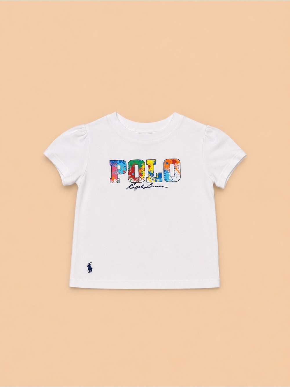 Ralph Lauren White Tee with Multicolor 'POLO' Graphic